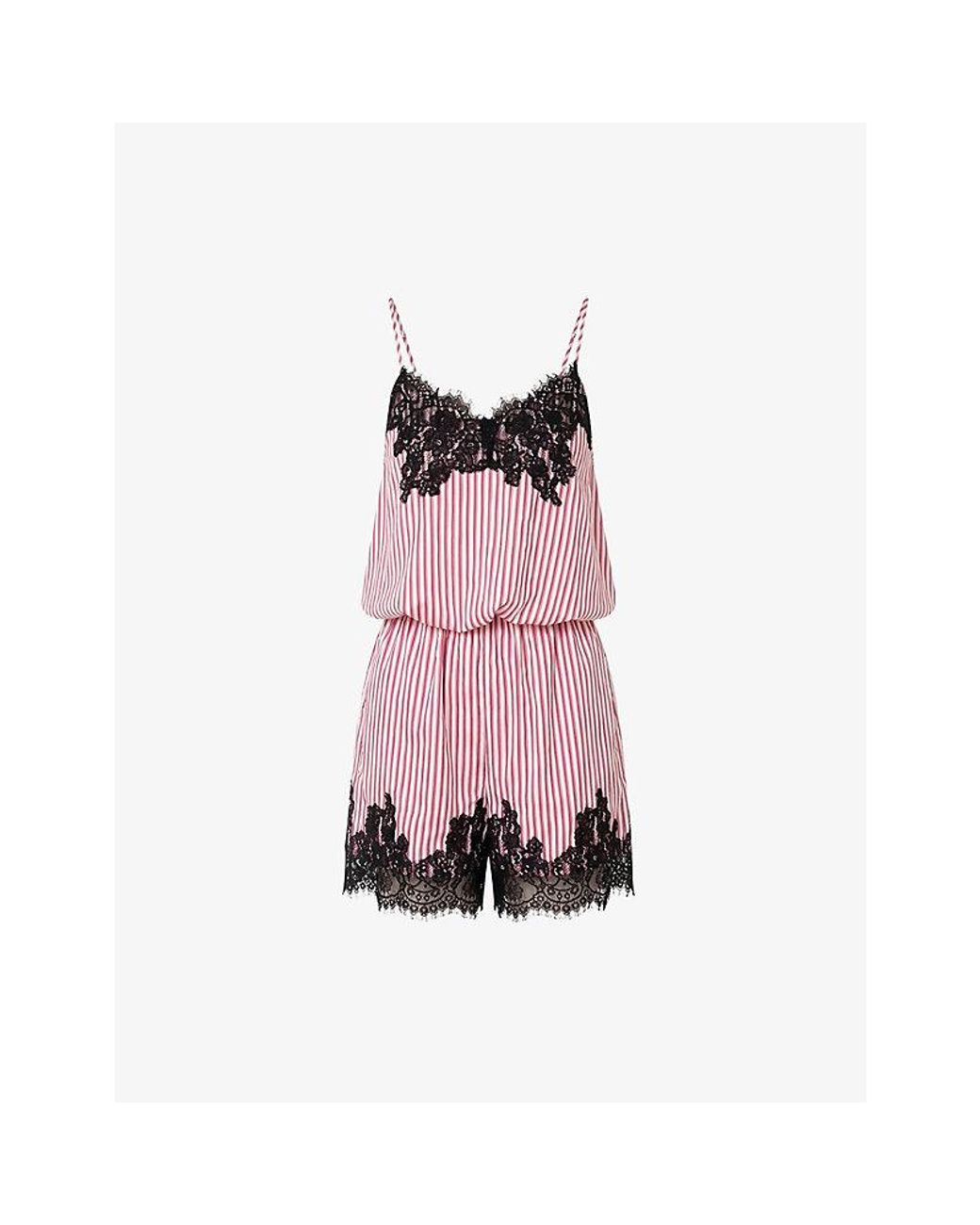 Amy Lynn Pink Striped Lace-Trim Satin Playsuit