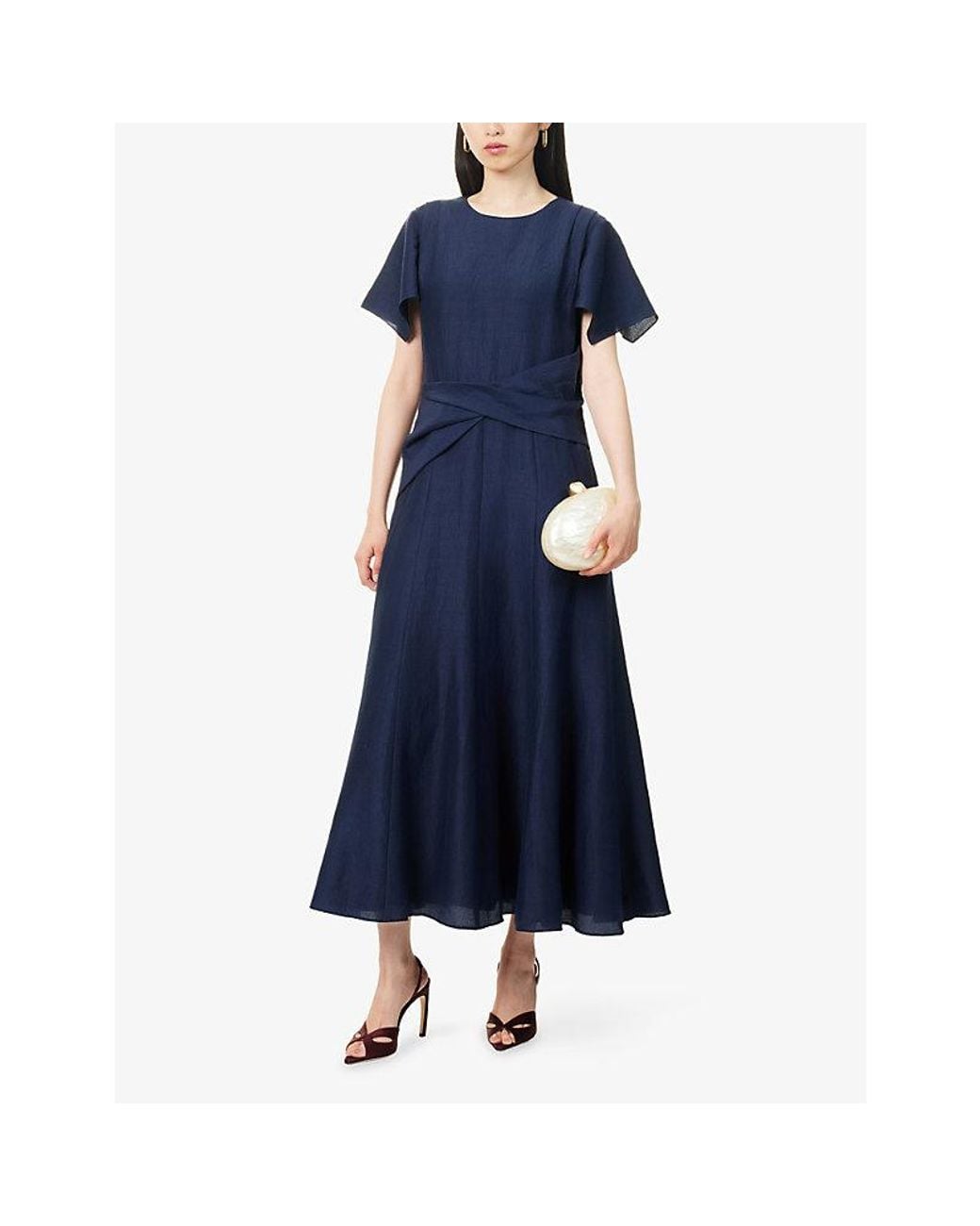 Roland Mouret Blue Handkerchief-Sleeve Drape-Waist Silk-Blend Midi Dress