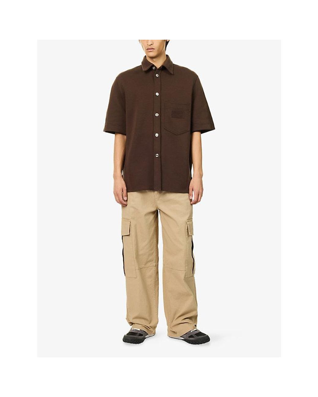 Givenchy Brown Embroidered-Logo Short-Sleeve Cotton-Blend Shirt for men