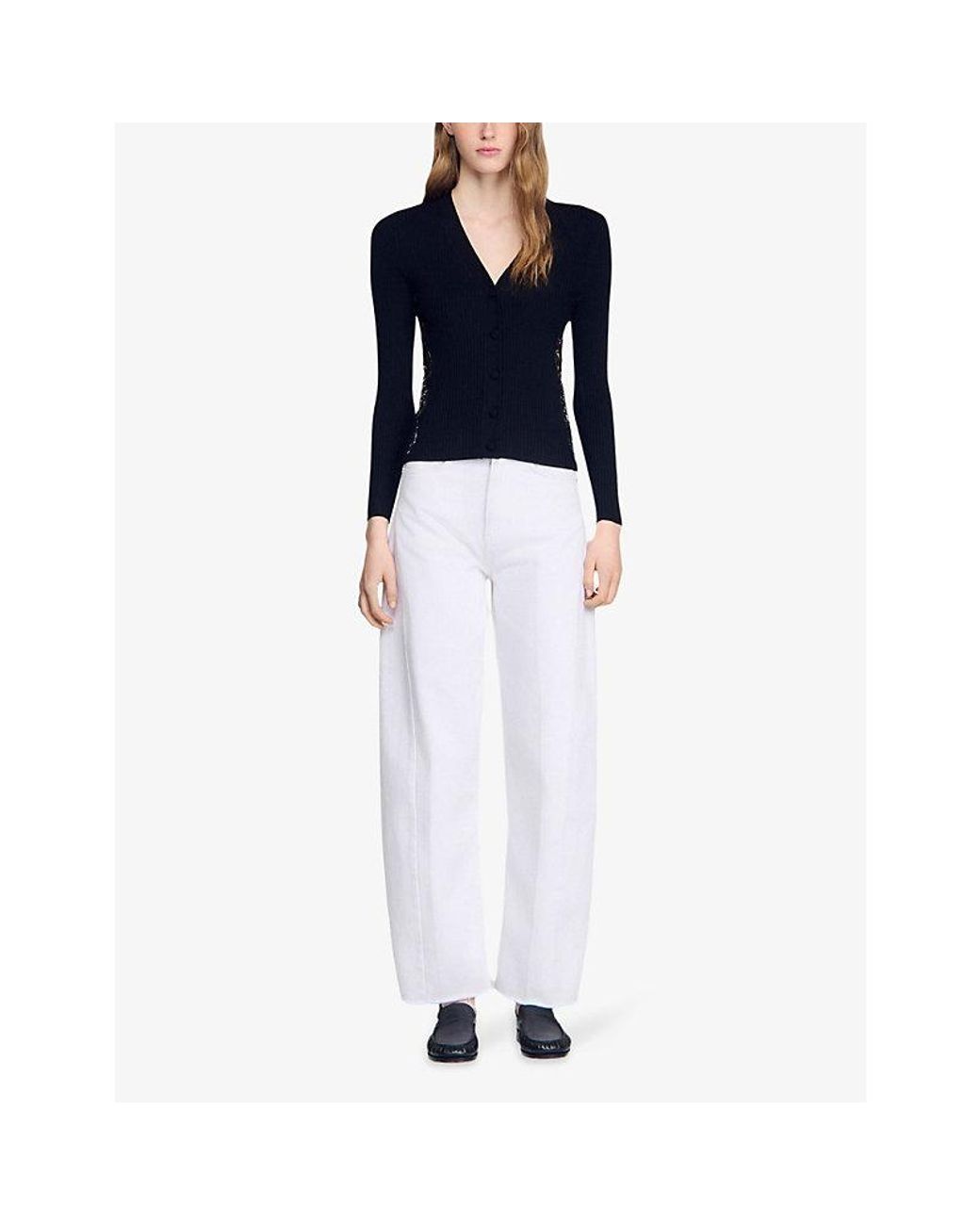 Sandro Black V-Neck Lace-Panel Knitted Cardigan