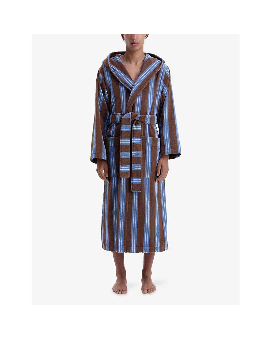 Tekla Blue Striped Hooded Cotton Robe