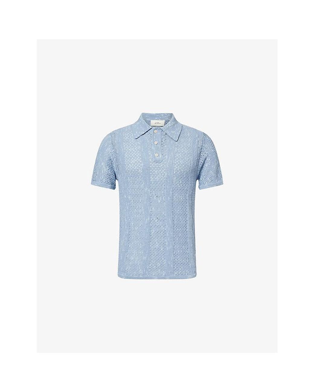 Les Deux Blue Striped Lace Knitted Cotton-Blend Polo Top for men