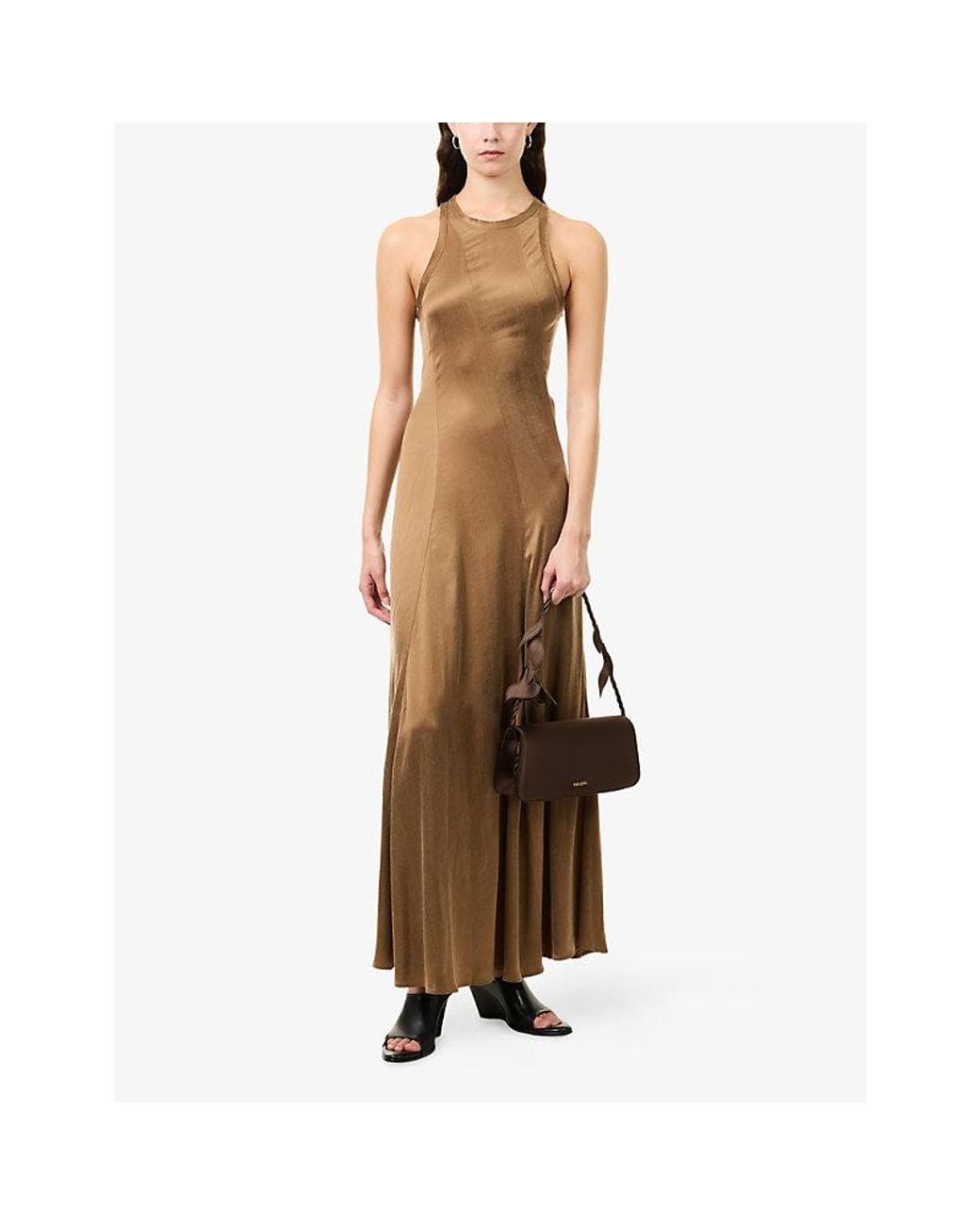 Oude Waag Brown Bias-Cut Racer-Back Satin Maxi Dress