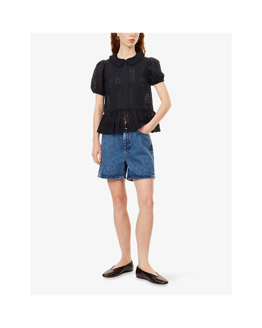 ME+EM Blue Broderie Peplum-Hem Cotton Top