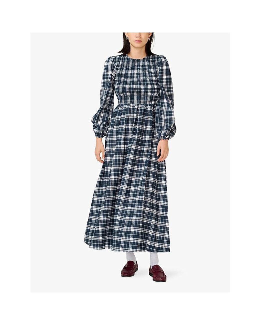 OMNES Blue Saint Checked Cotton Midi Dress