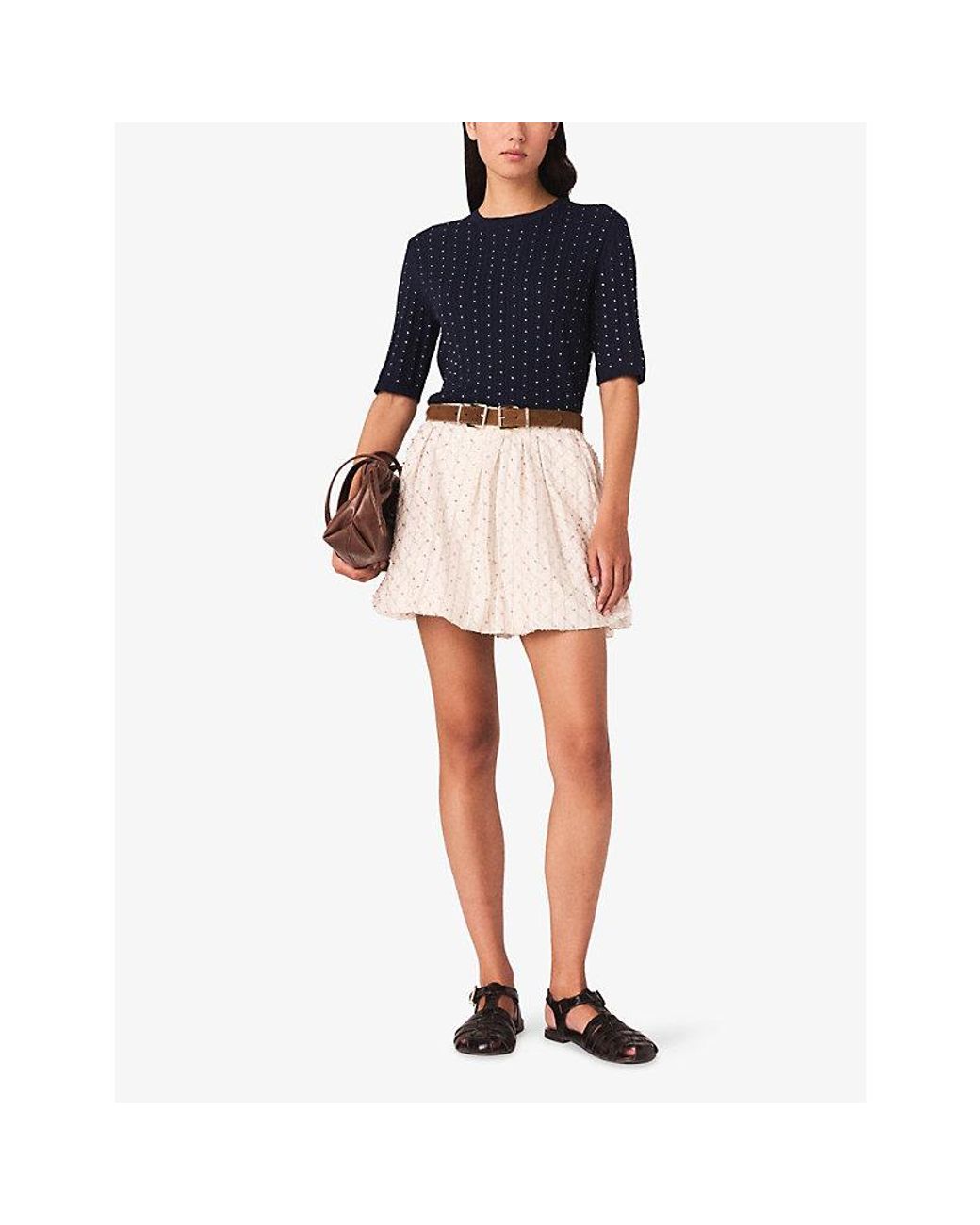 Maje Blue Rhinestone-Embellished Knitted Cotton-Blend Jumper