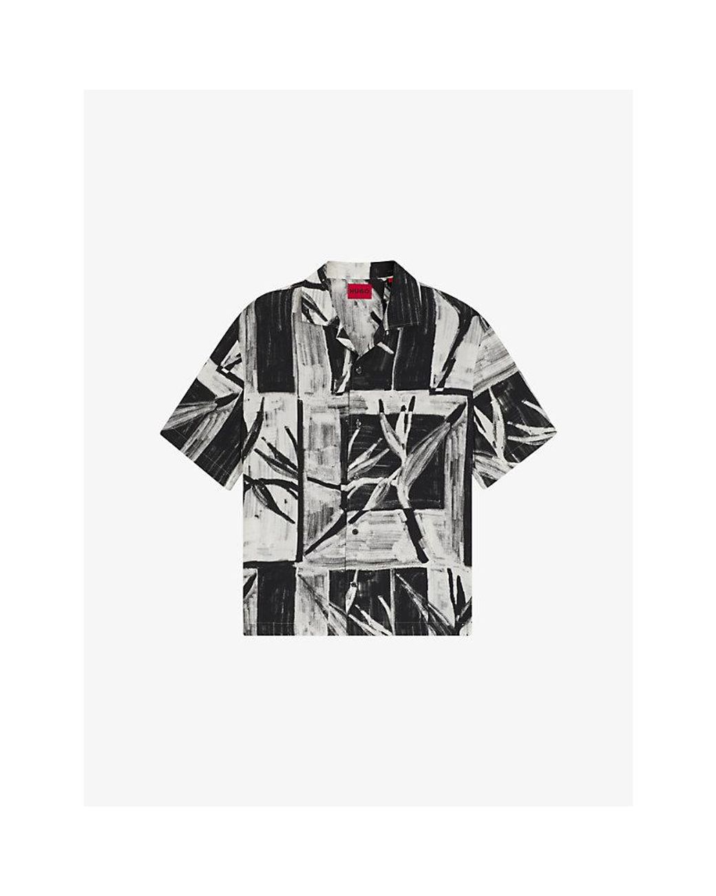 HUGO Black Oversized Abstract-Print Woven Shirt for men