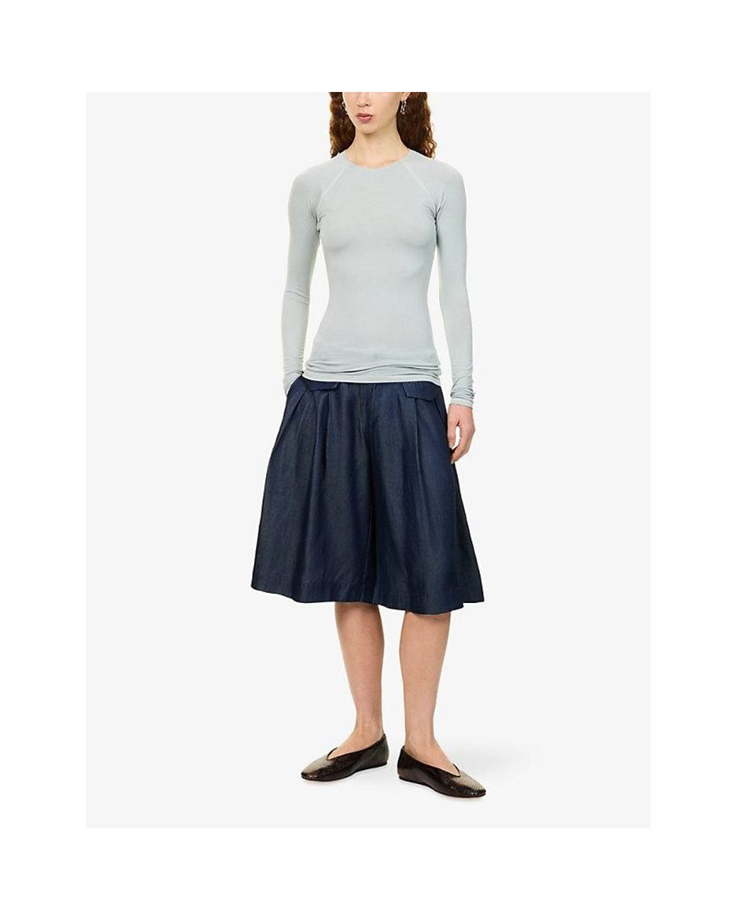 Peachy Den Blue Susie Long-Sleeve Stretch-Woven Top