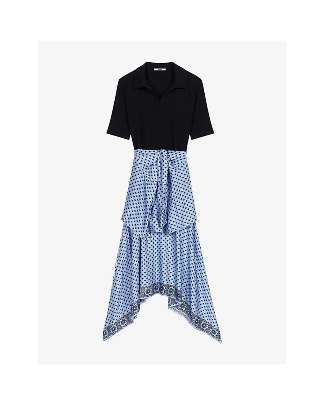 Maje Blue Floral-Print Layered-Effect Woven Midi Dress