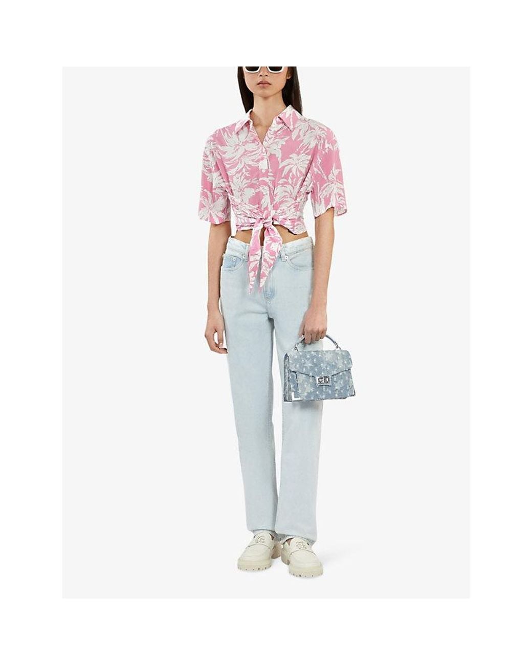 The Kooples Pink Floral-Print Self-Tie Woven Shirt