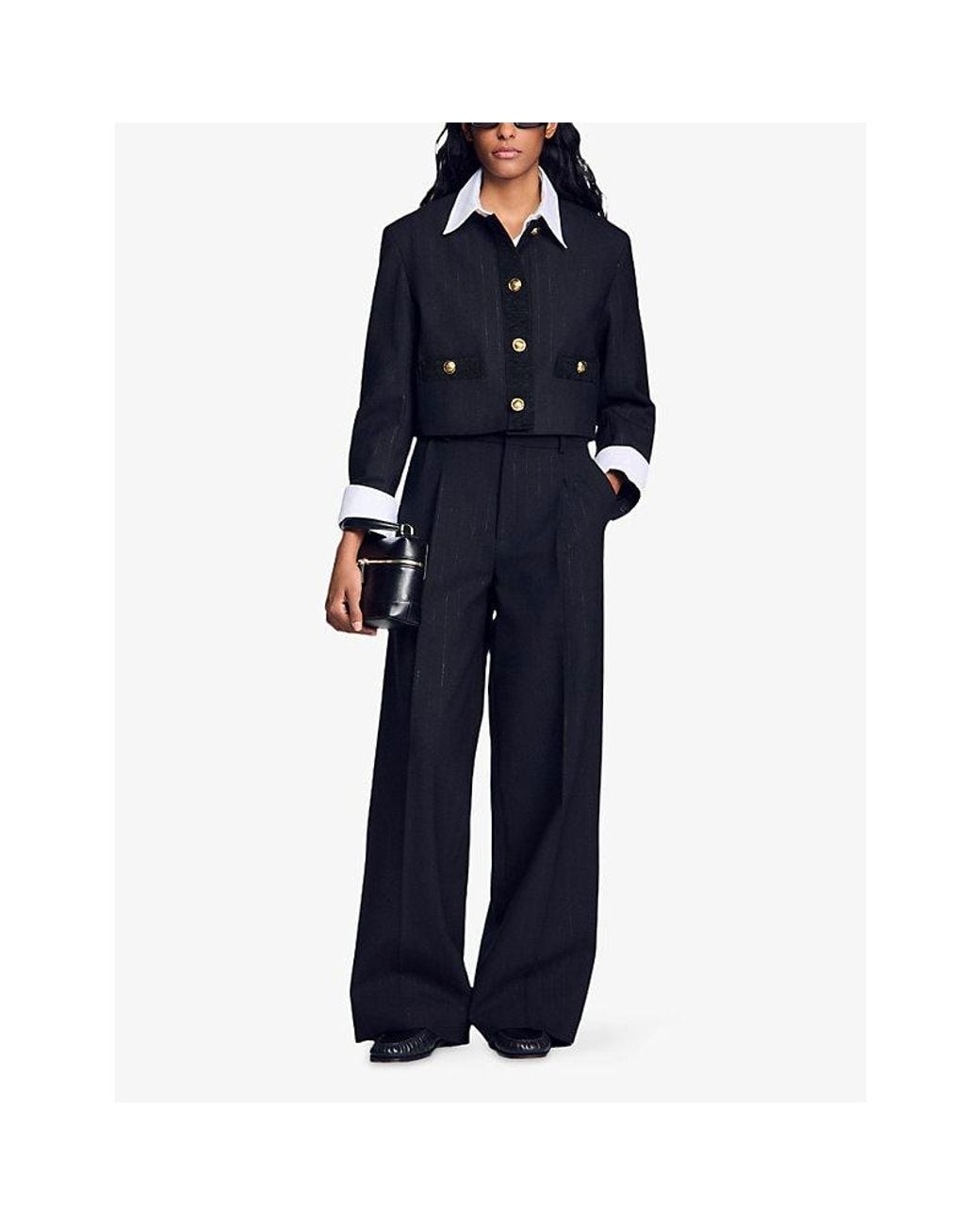 Sandro Black Pinstriped Wide-Leg Woven Trousers