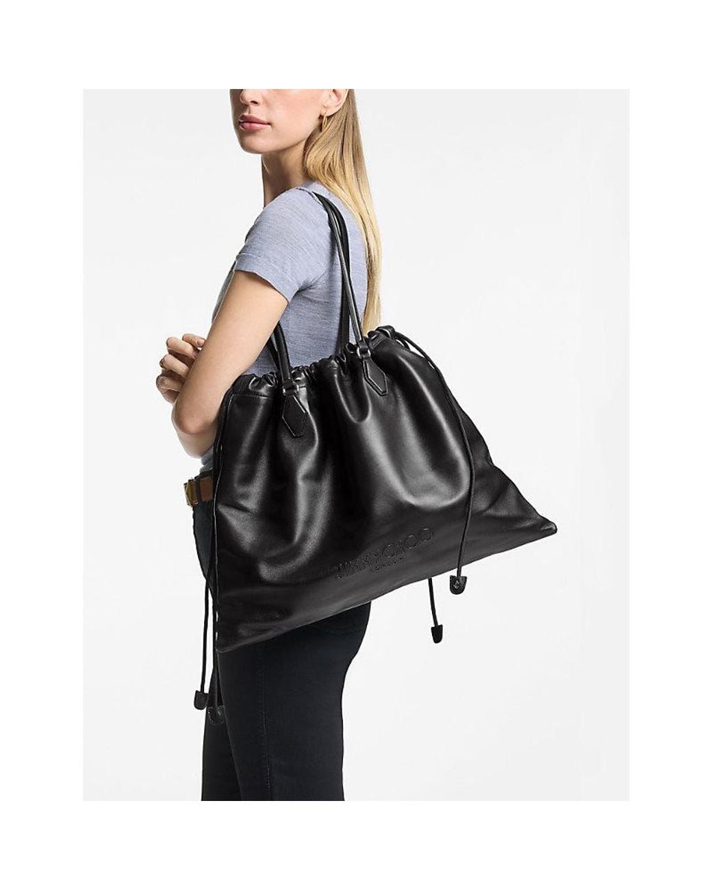 Jimmy Choo Black Drawstring Embossed-Logo Nappa Leather Tote Bag