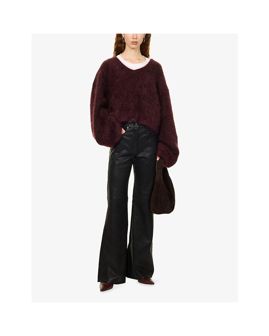 ME+EM Black Leg Elongator Flared Leather Trousers