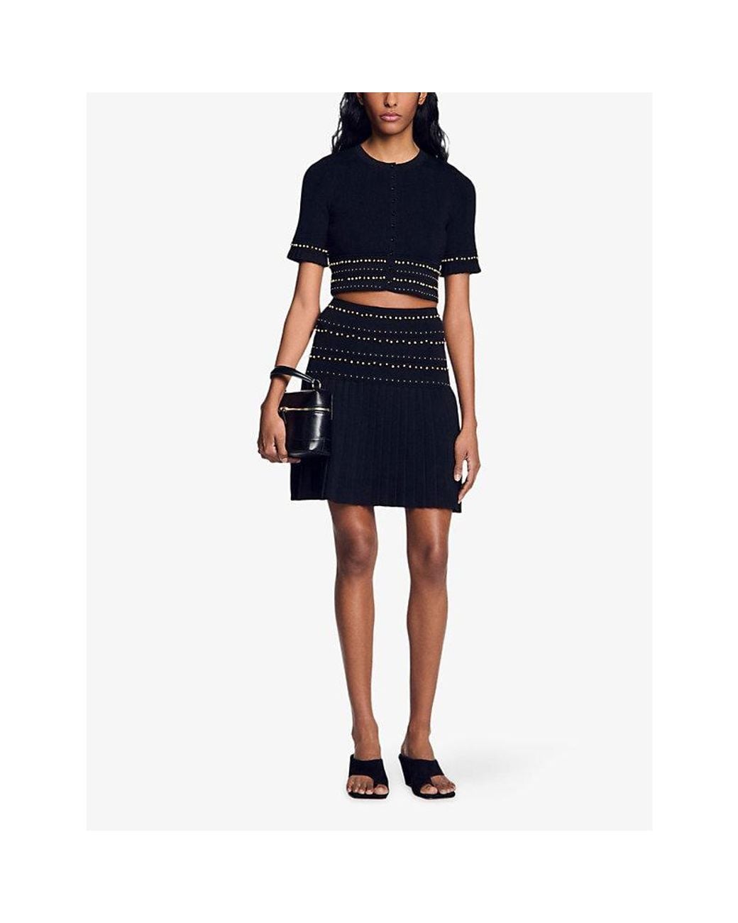 Sandro Black Stud-Embellished Flared Knitted Mini Skirt