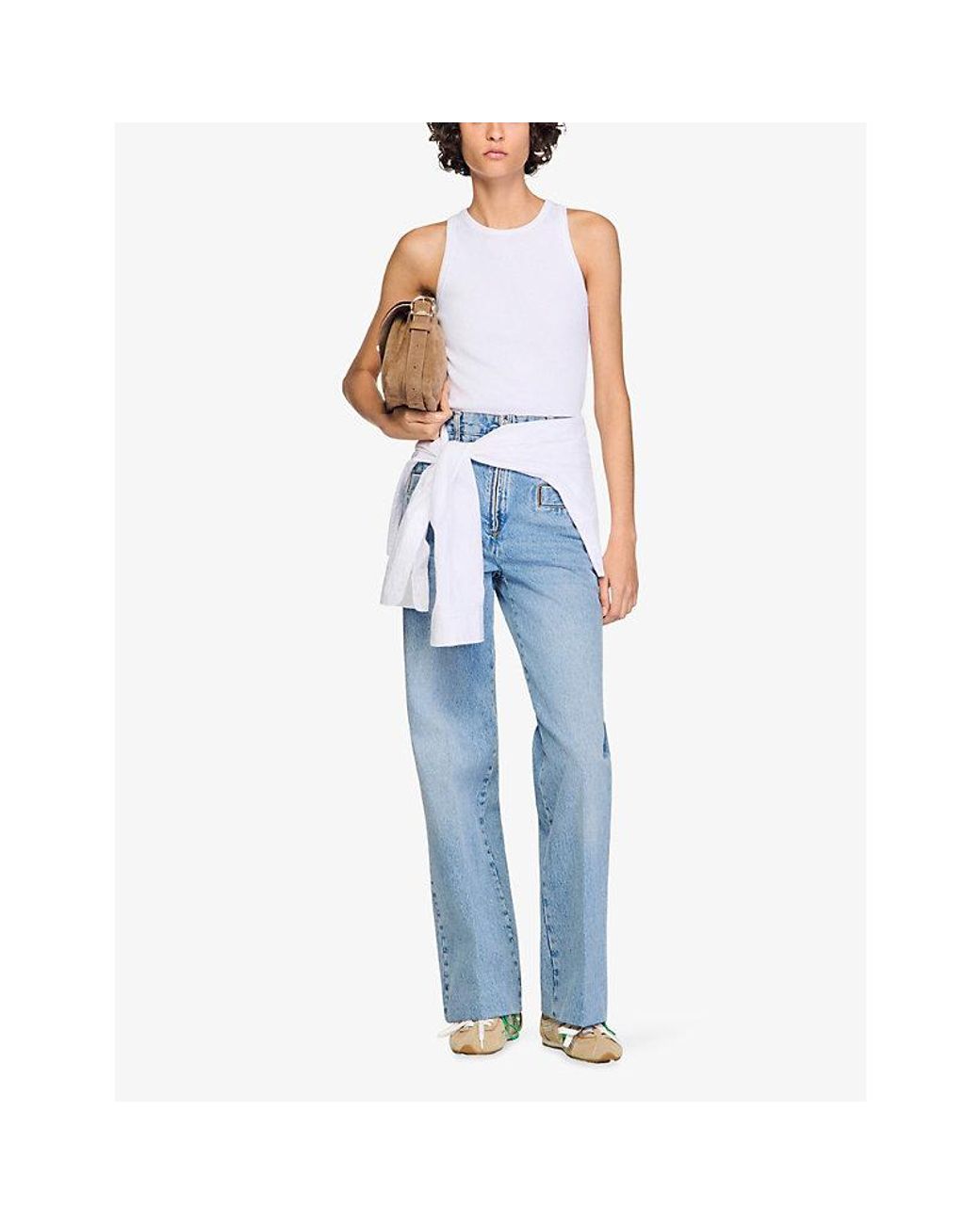 Sandro White Round-Neck Sleeveless Cotton T-Shirt