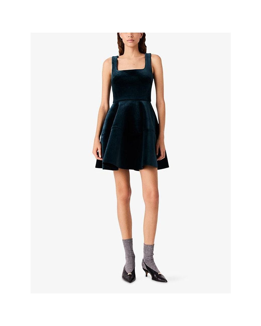 Maje Blue Sleeveless Square-Neck Stretch-Velvet Skater Dress