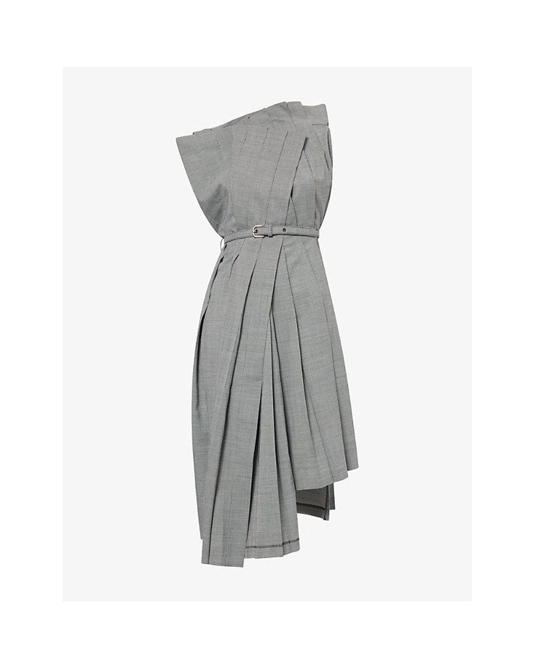 Junya Watanabe Gray Pleated Asymmetric Wool-Blend Midi Dress