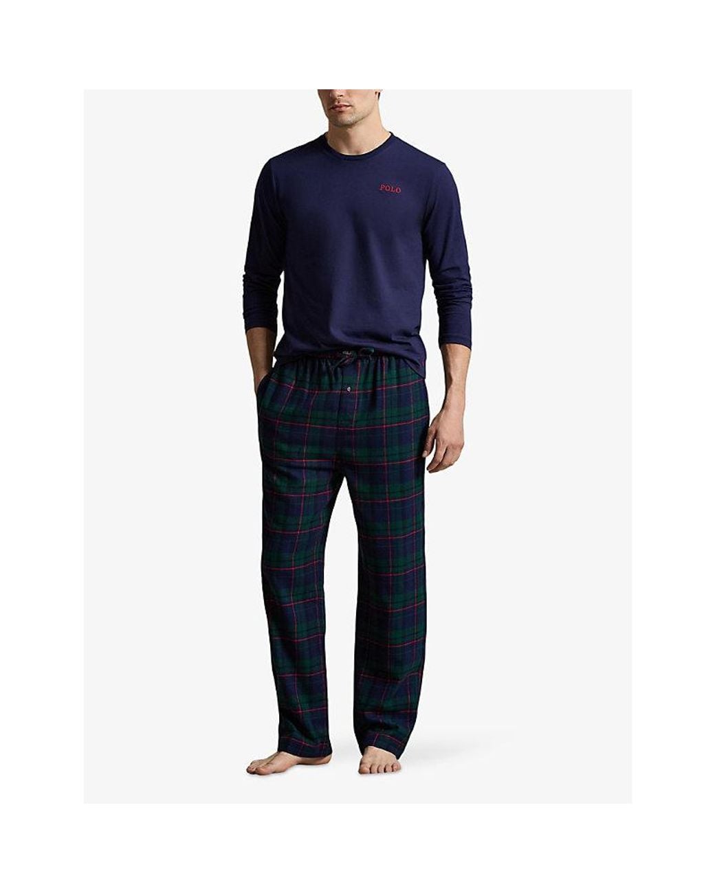 Polo Ralph Lauren Blue Polo Bear Embroidered Cotton Jersey And Plaid Flannel Pyjama Set for men