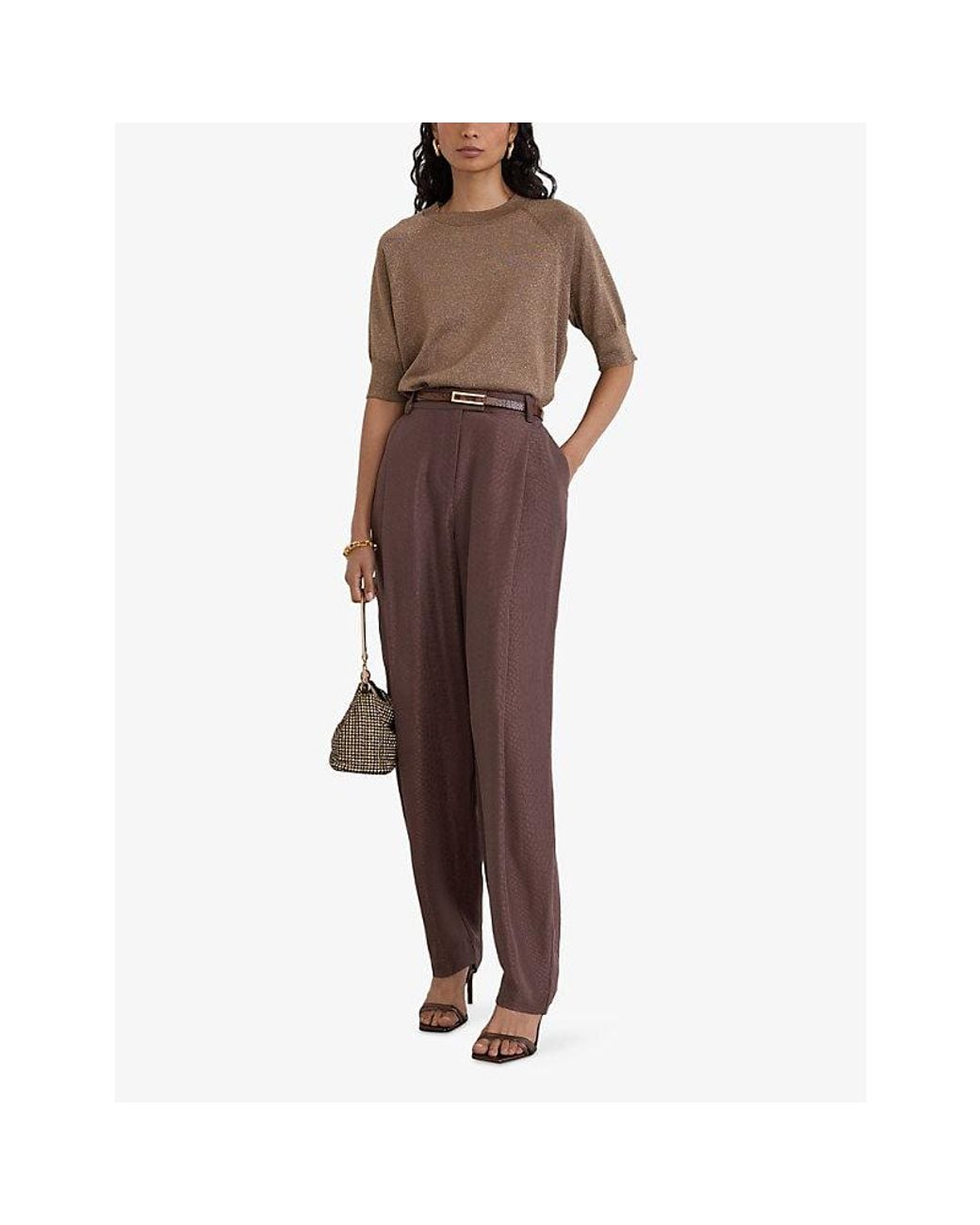 Reiss Brown Susanne Short-Sleeve Metallic-Knit Top