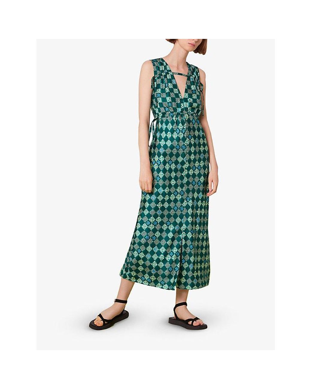 Whistles Checkerboard V-neck Adjustable-waist Silk Midi Dress in Green |  Lyst