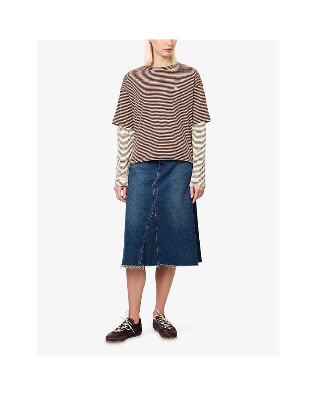 The Couture Club Brown Double Layer Stripe Long-Sleeve Woven T-Shirt