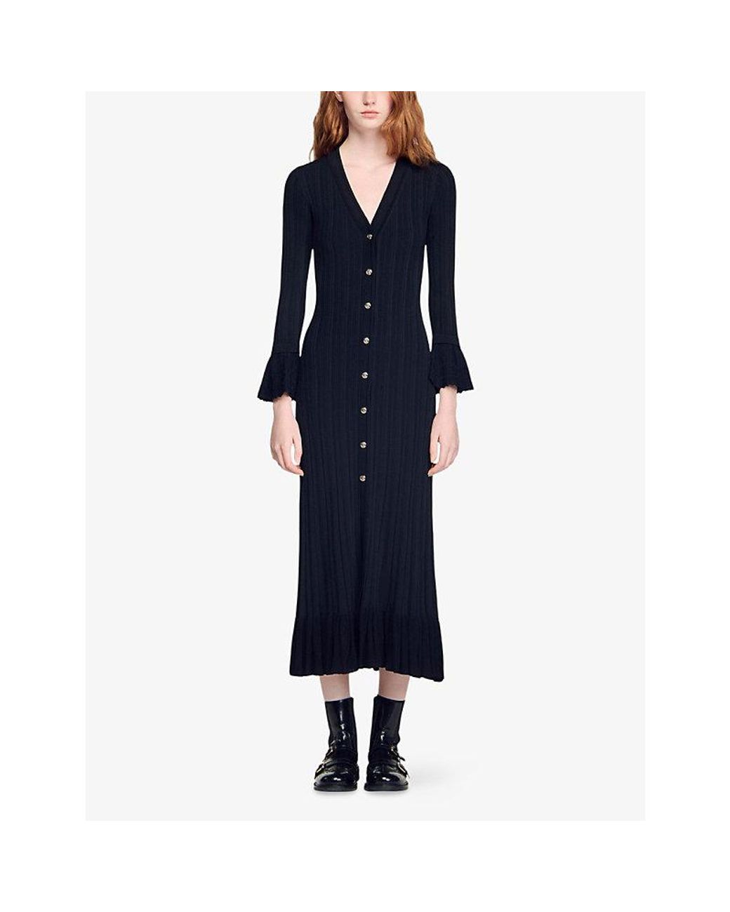 Sandro Black Ruffle-Trim Knitted Maxi Dress