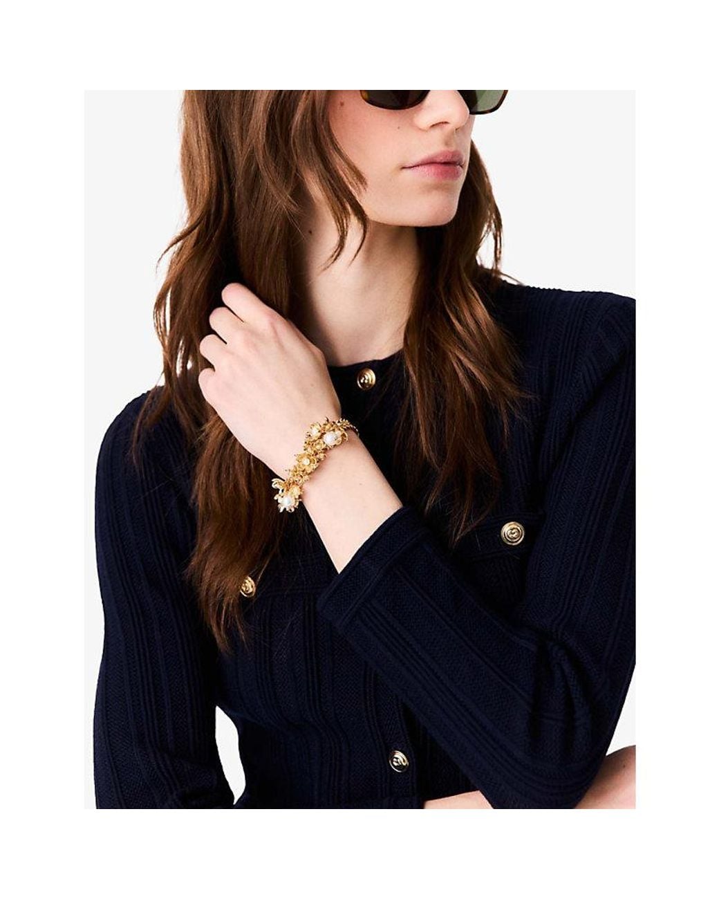 Maje Metallic Floral Faux-Pearl Brass Chain Bracelet