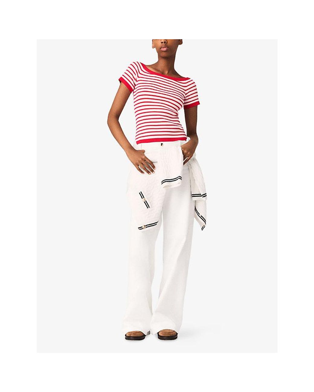 Maje Red Striped Boat-Neck Cotton-Blend Top