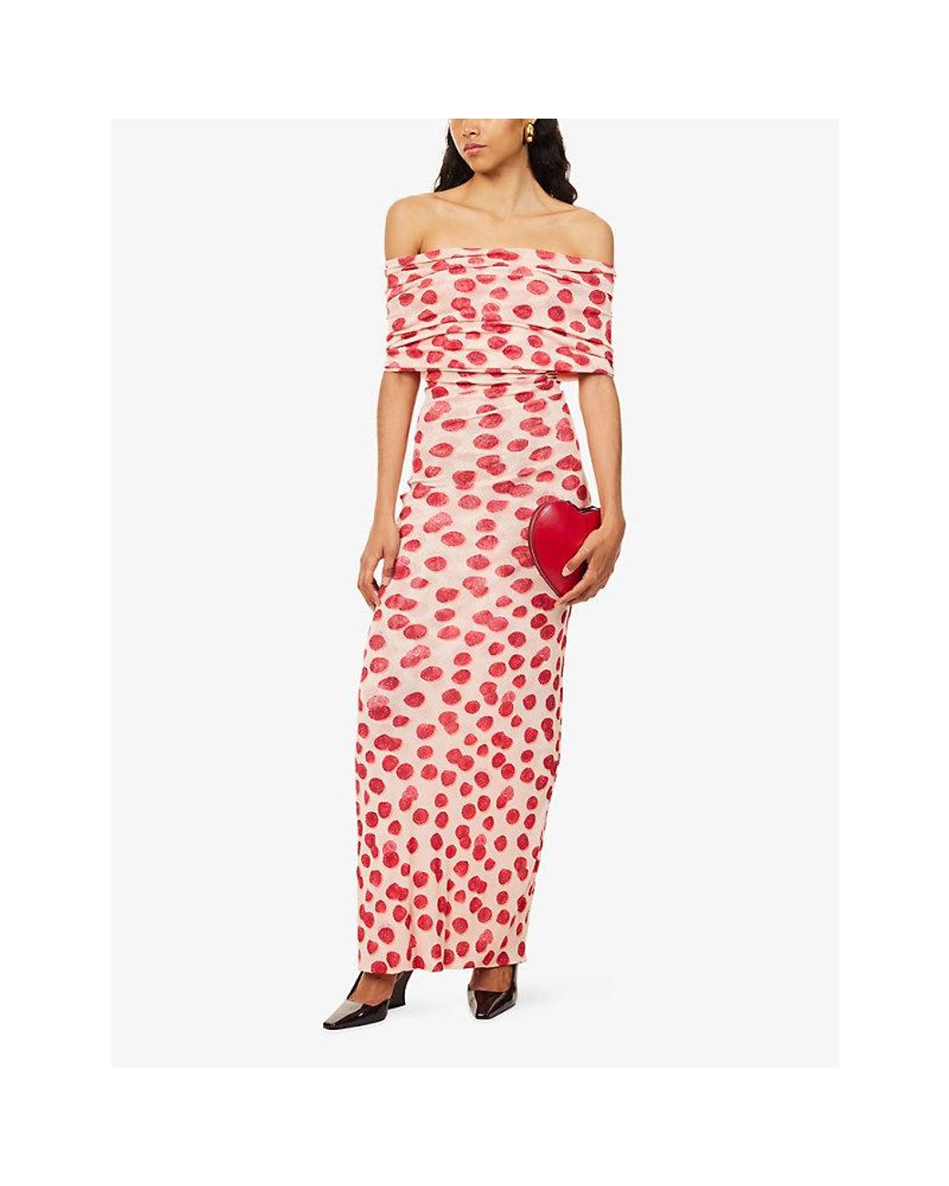 Stella McCartney Red Print Off-Shoulder Mesh Maxi Dress