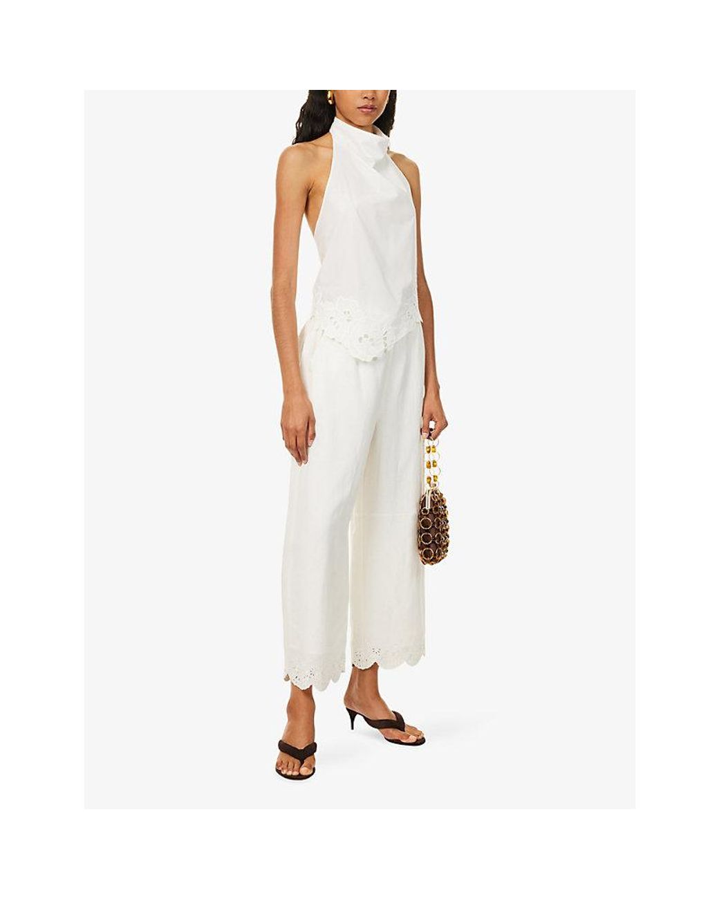 Jonathan Simkhai White Ellison Embroidered Linen-Blend Trousers