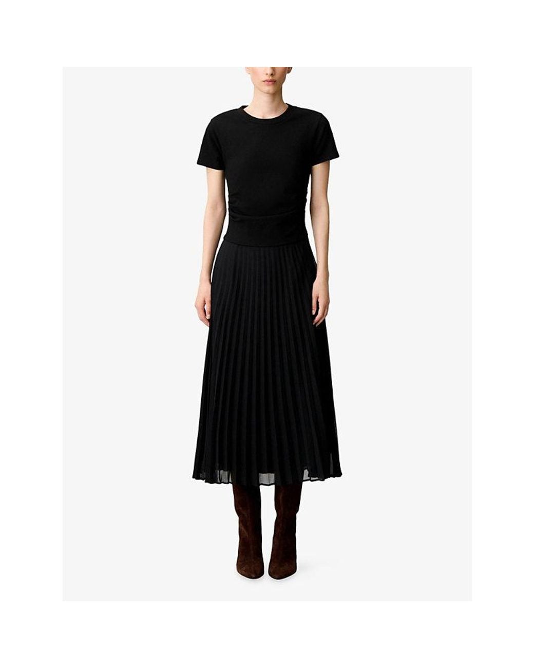 Claudie Pierlot Black Pleated Semi-Sheer Jersey Midi Dress