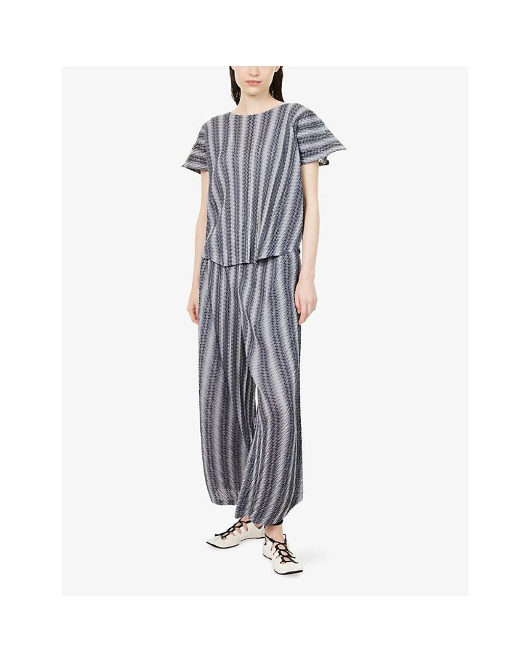 Pleats Please Issey Miyake Blue Zigzag Short-Sleeves Knitted Top