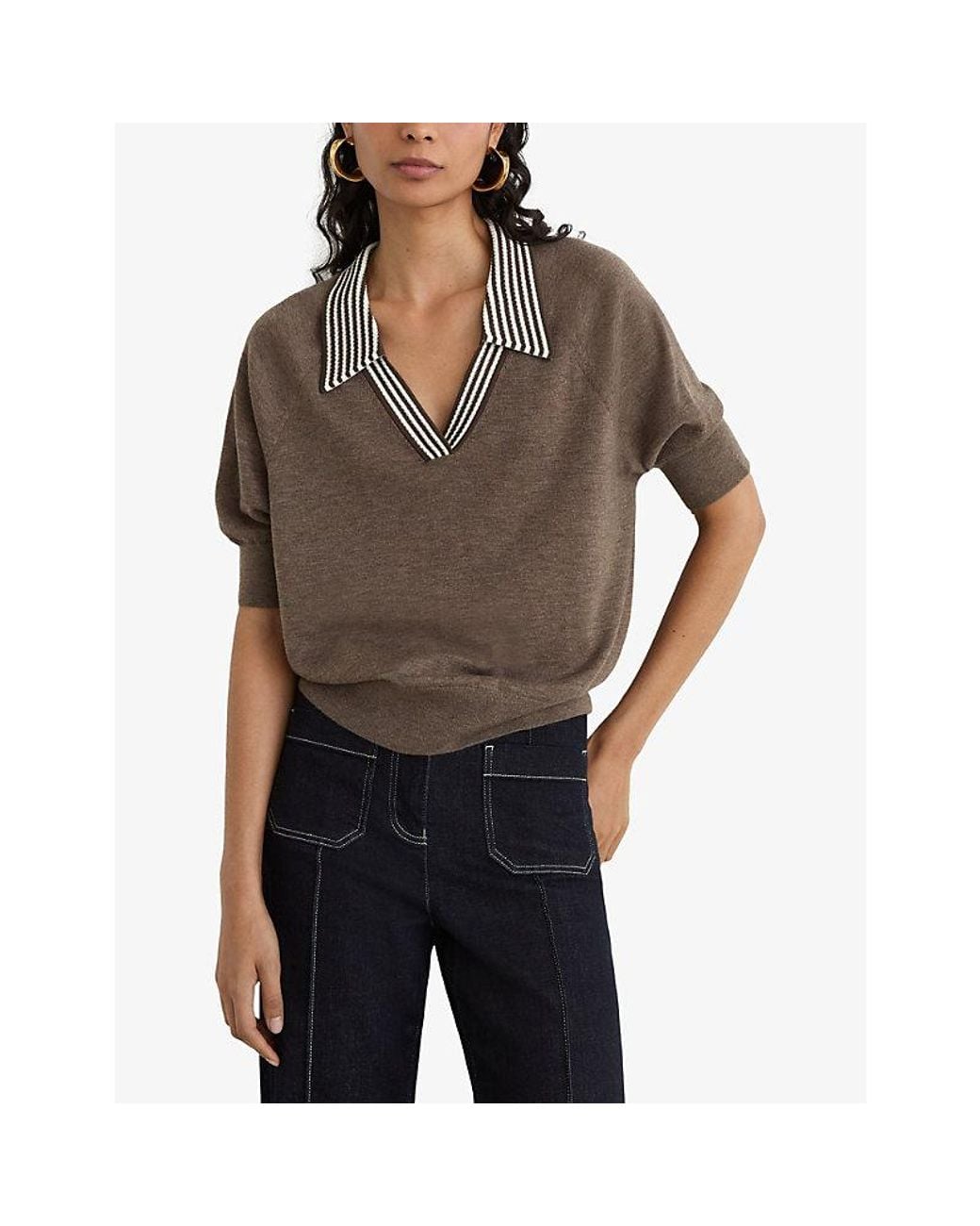 Reiss Brown Neva Short-Sleeved Wool Polo Shirt