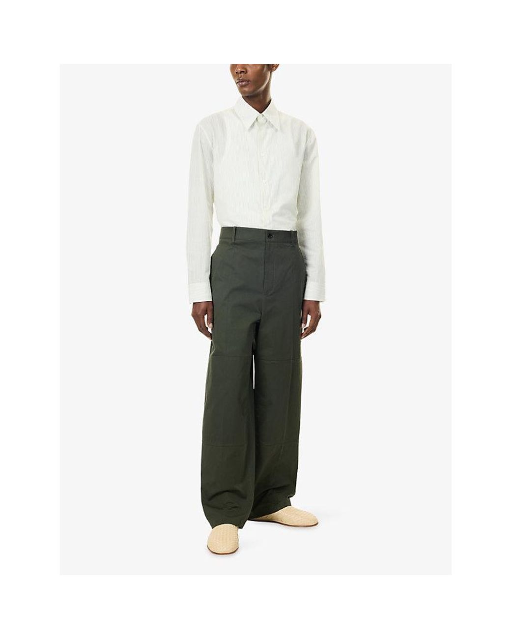 Bottega Veneta Green Contrast-Stitch Wide-Leg Cotton Trousers for men