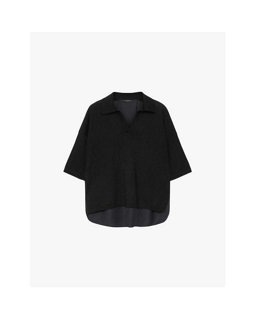 AllSaints Black Bern Polo-Collar Wool Top