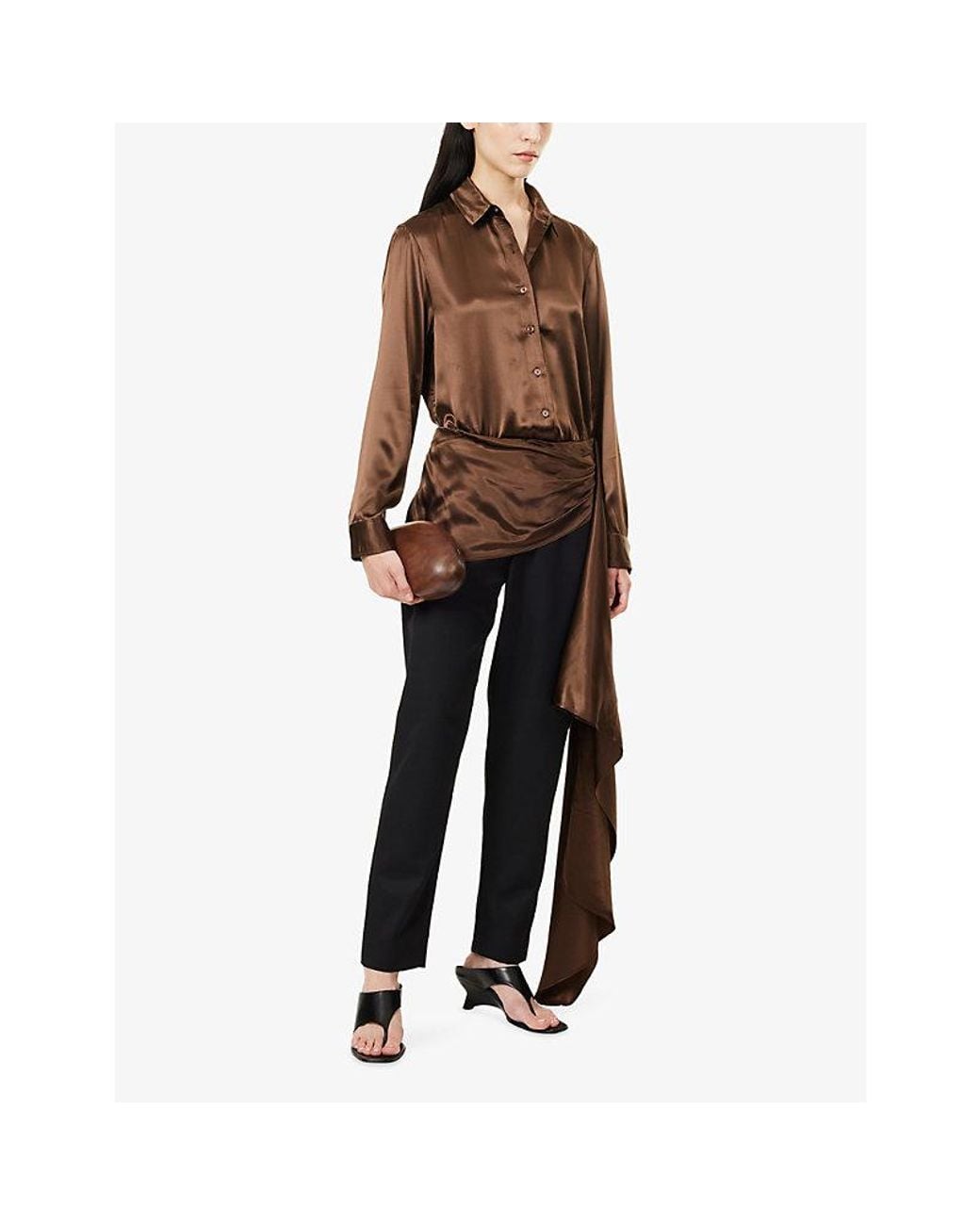 Abadia Brown Long-Sleeve Classic-Collar Satin Shirt