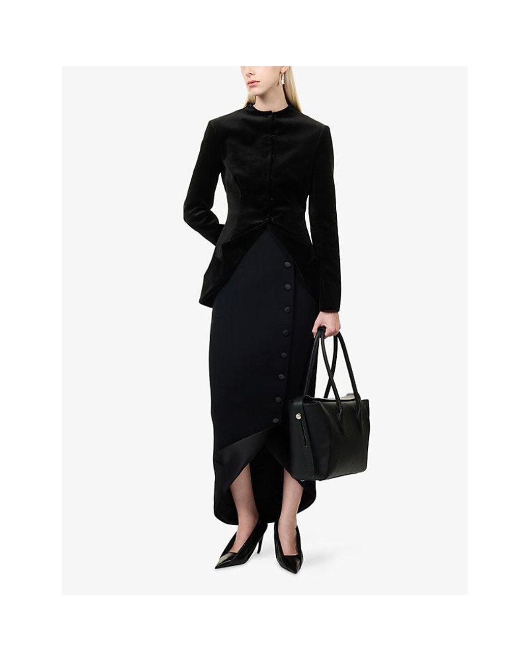 A.W.A.K.E. MODE Black Round-Neck Collar Hem Velvet Jacket