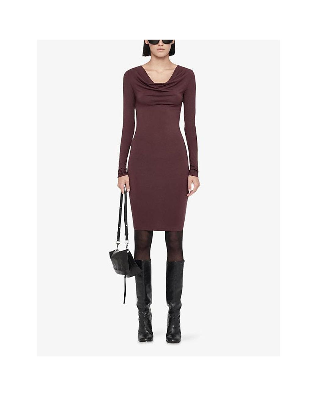 AllSaints Purple Lilla Cowl-Neck Stretch-Jersey Bodycon Mini Dress