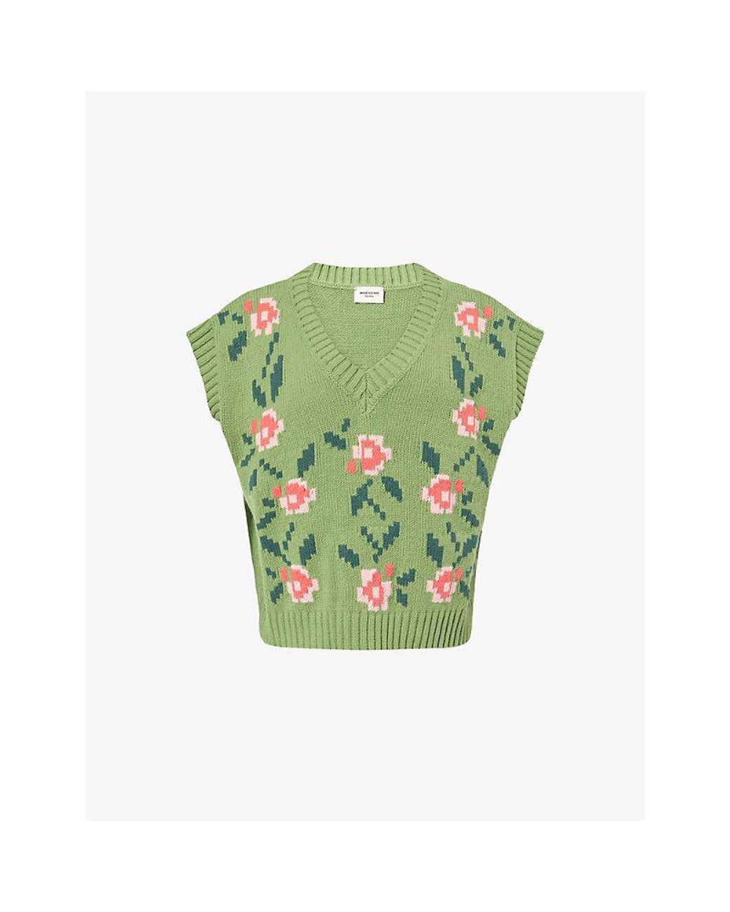 Weekend by Maxmara Green Inlaid Floral-Intarsia Cotton-Knit Blend Vest
