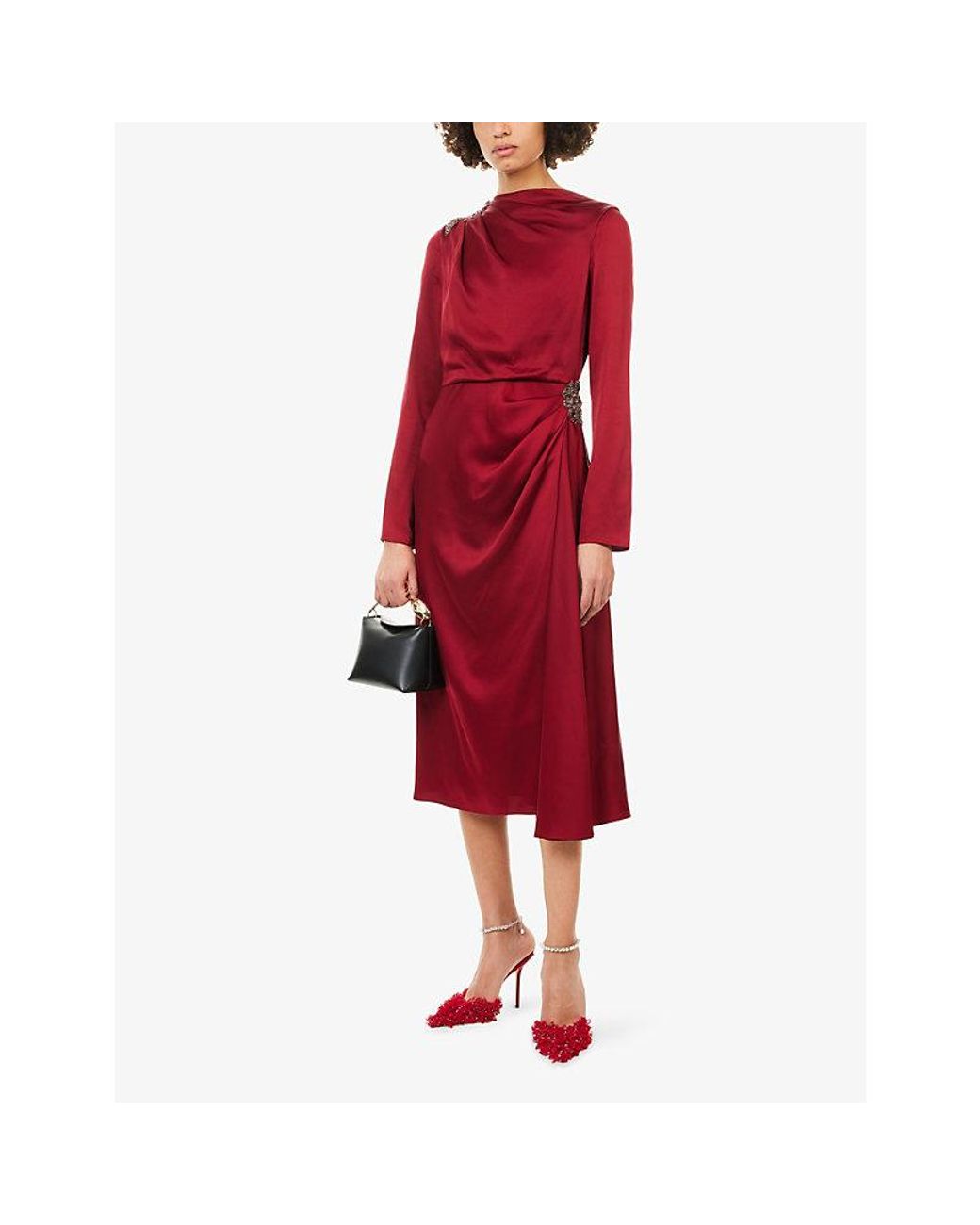 Erdem Red Embellished Draped Woven Midi Dress