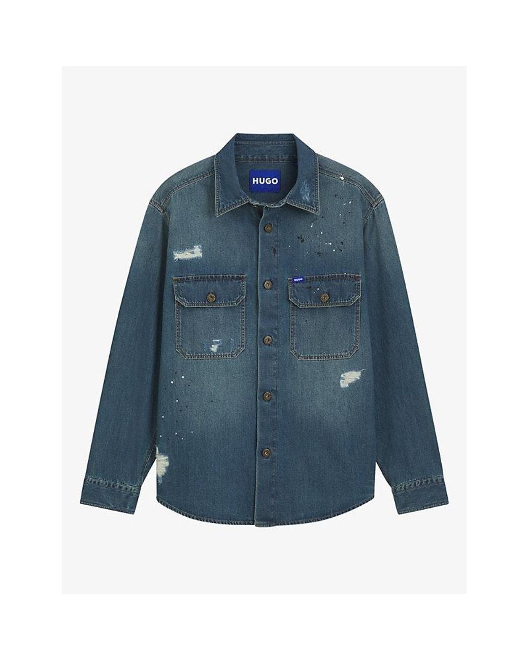 HUGO Blue Distressed-Effect Denim Shirt for men