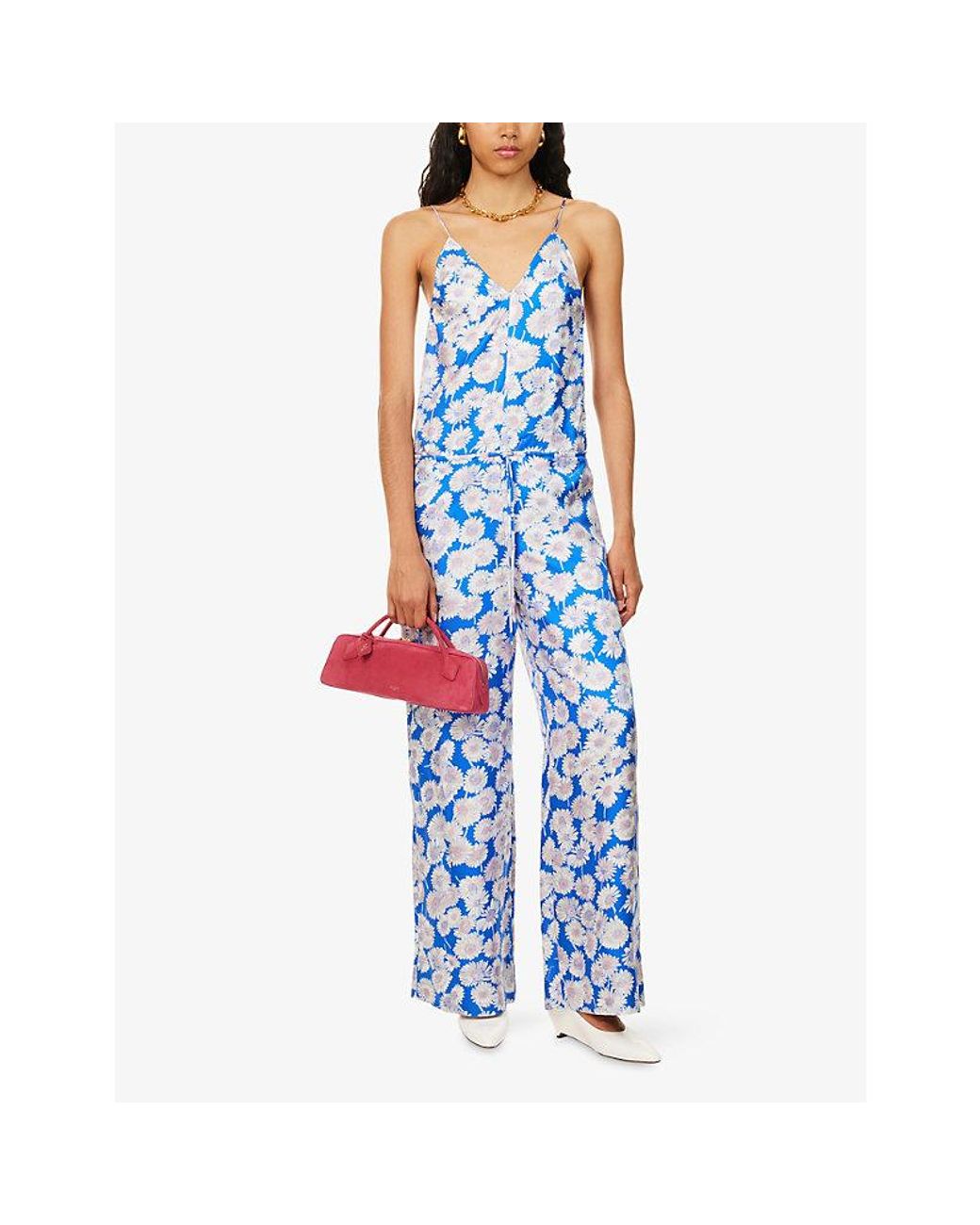 Stella McCartney Blue Daisy-Print Drawstring Silk Jumpsuit