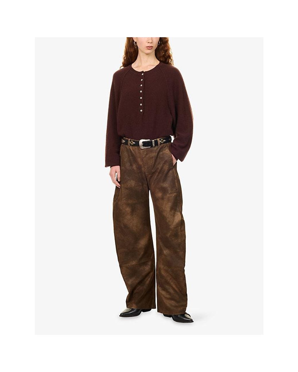 Free People Brown Spotlight Barrel-Leg Faux-Leather Trousers