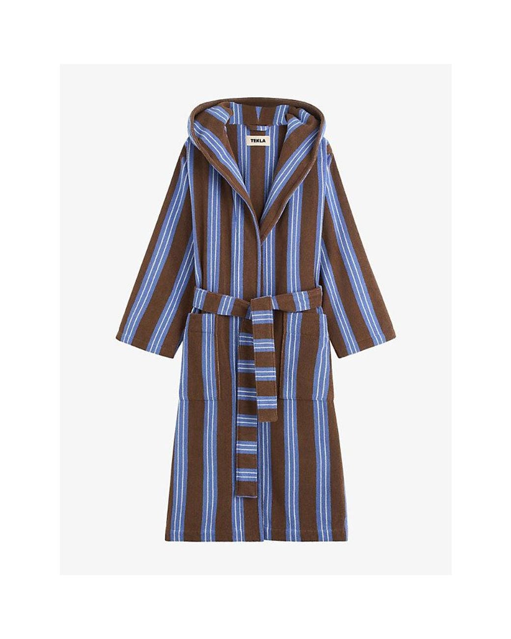 Tekla Blue Striped Hooded Cotton Robe