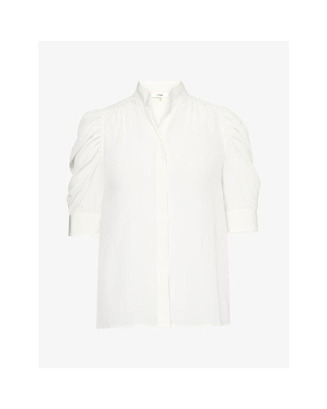 FRAME White Gillian Ruched-Sleeve Silk Blouse