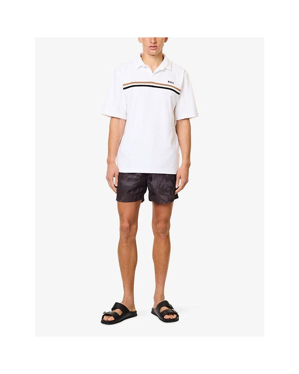 Boss White Iconic Logo-Embroidered Terry-Cotton Polo for men