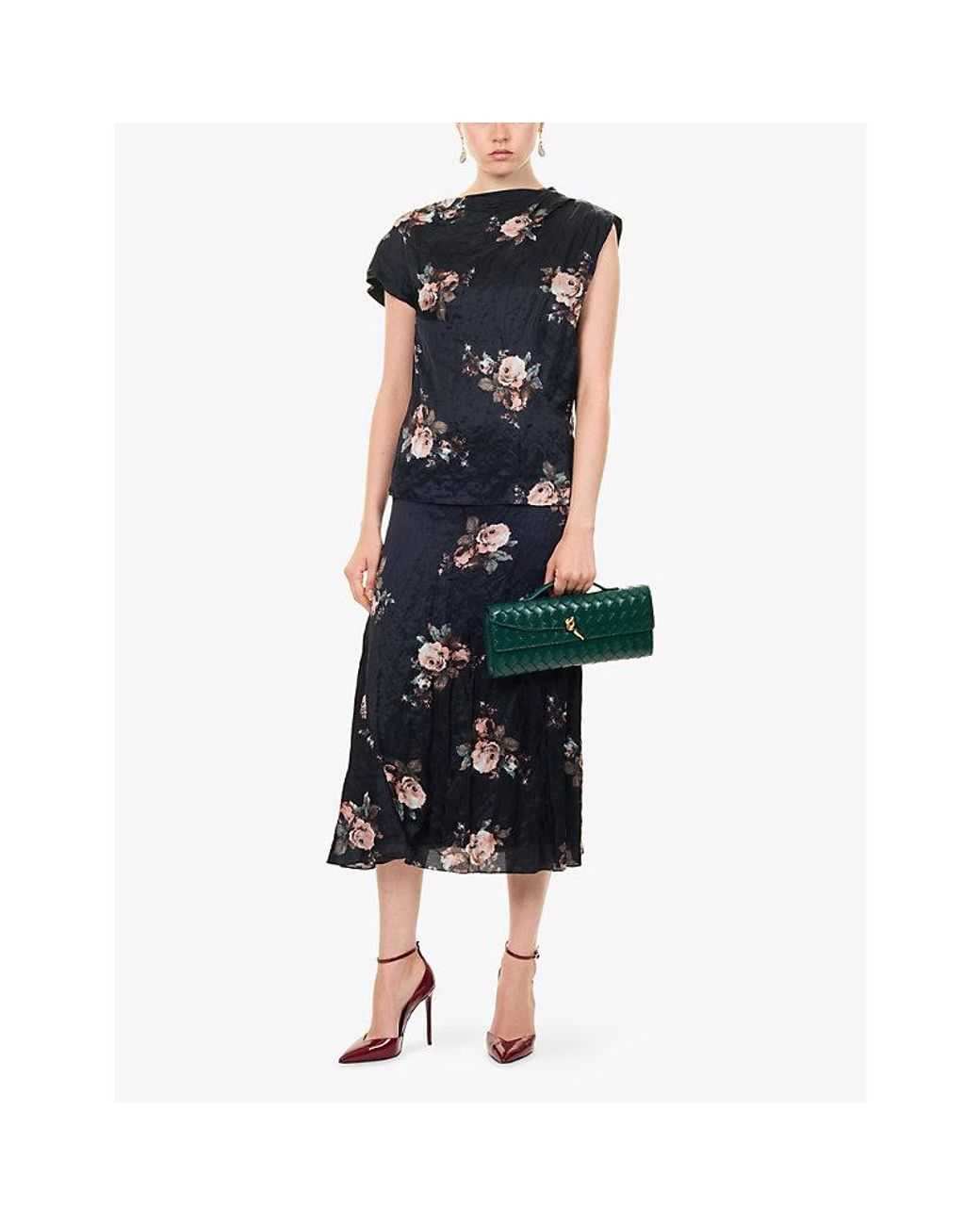 Erdem Black Floral-Print Asymmetric Satin Top