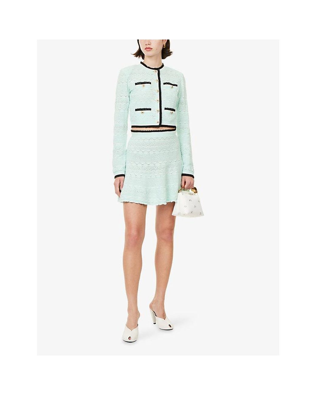 Self-Portrait White Contrast-Trim Pointelle Cotton-Knit Cardigan