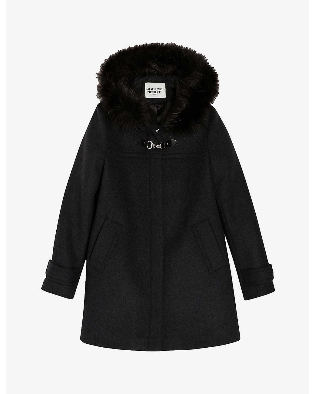 Claudie Pierlot Woolblend Fauxfur Trim Coat in Black Lyst