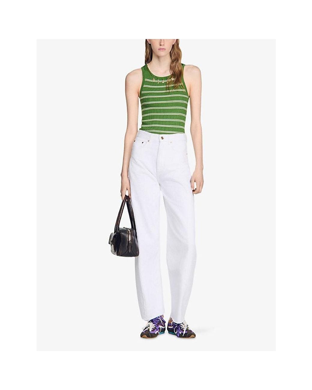 Sandro Green Charm-Embellished Striped Knitted Vest Top